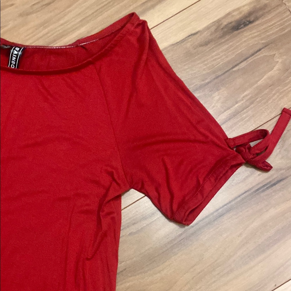 Rainbow Red Ruffled Cold Shoulder Midi Dress - Picture 3 of 5